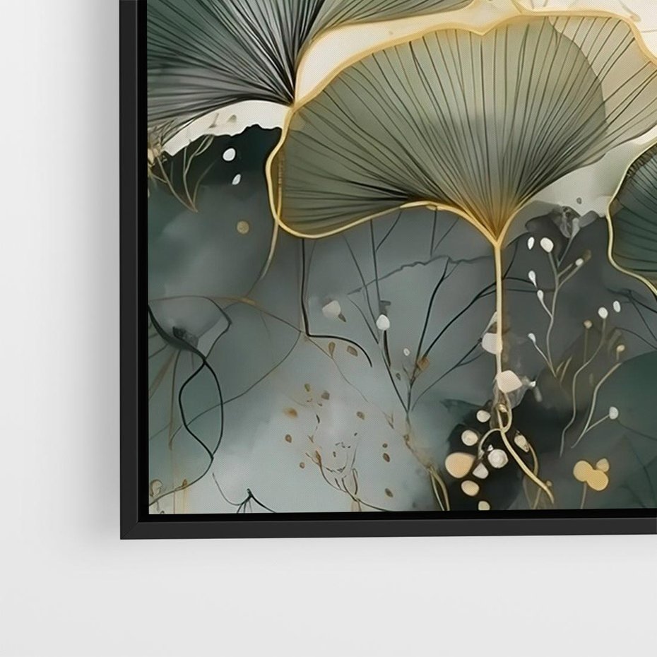 Obraz w ramie 70x50 - Natura w Złotym Odcieniu - złote elementy, liście miłorzębu japońskiego - rama czarna