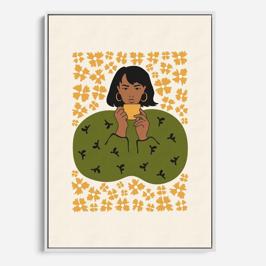 Obraz w ramie 70x100 - Wewnętrzne Fale - nowoczesny plakat, kobieta otoczona liśćmi - rama biała