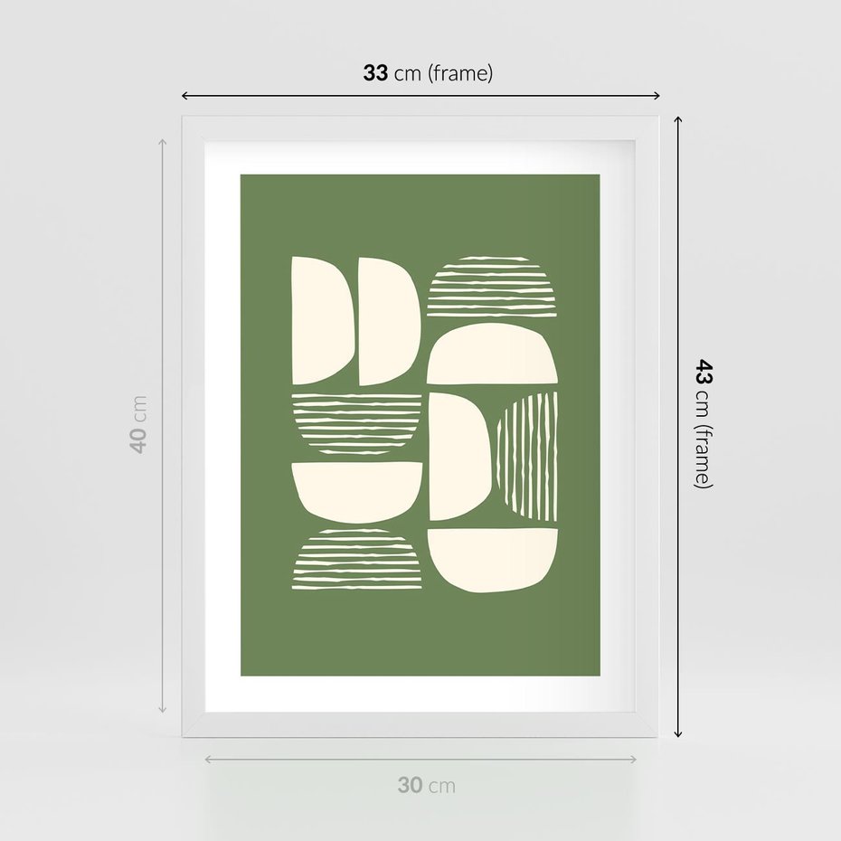 Plakat w ramie 30x40 - Migotliwe Formy - geometryczne boho kształty na brązowym, oliwkowym tle - rama biała