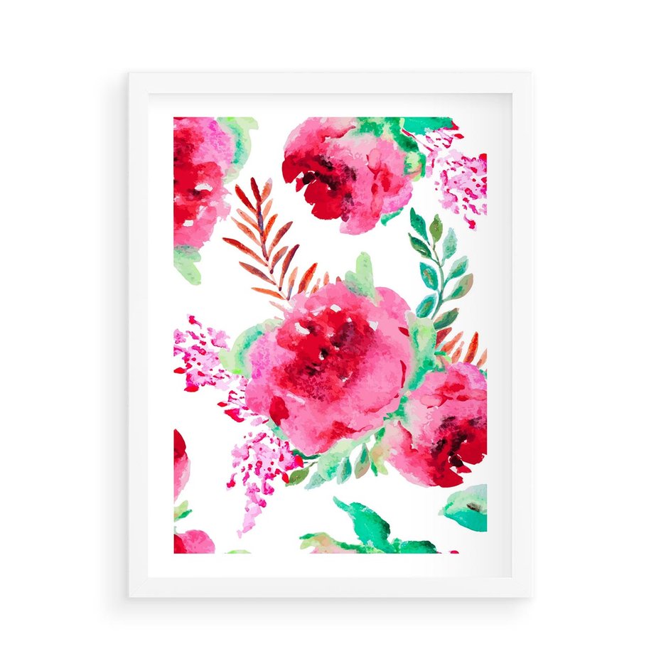 Plakat w ramie 50x70 - Delikatna Akwarela - kwiaty, akwarela - rama biała