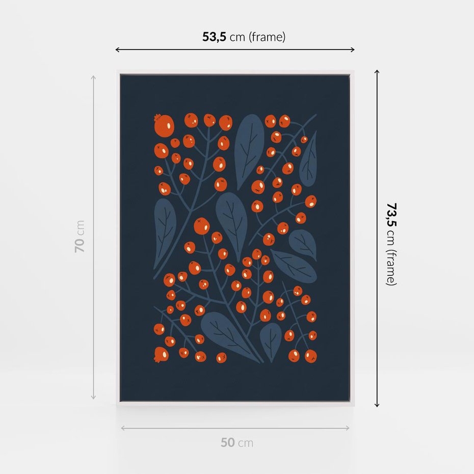 Obraz w ramie 50x70 - Symfonia liści i owoców - granatowe tło, pomarańczowe owoce jarzębiny - rama biała