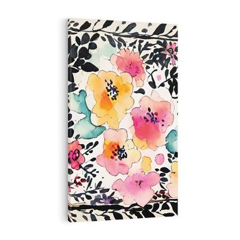 Obraz na płótnie 70x100 - Opowieść w kroplach farb - akwarelowe kwiaty, mocna ornamentowa czarna ramka namalowana dookoła obrazu