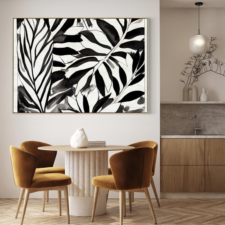 Obraz w ramie 70x50 - Czarne Liście - akwarelowy obraz, czarno biały - rama drewno