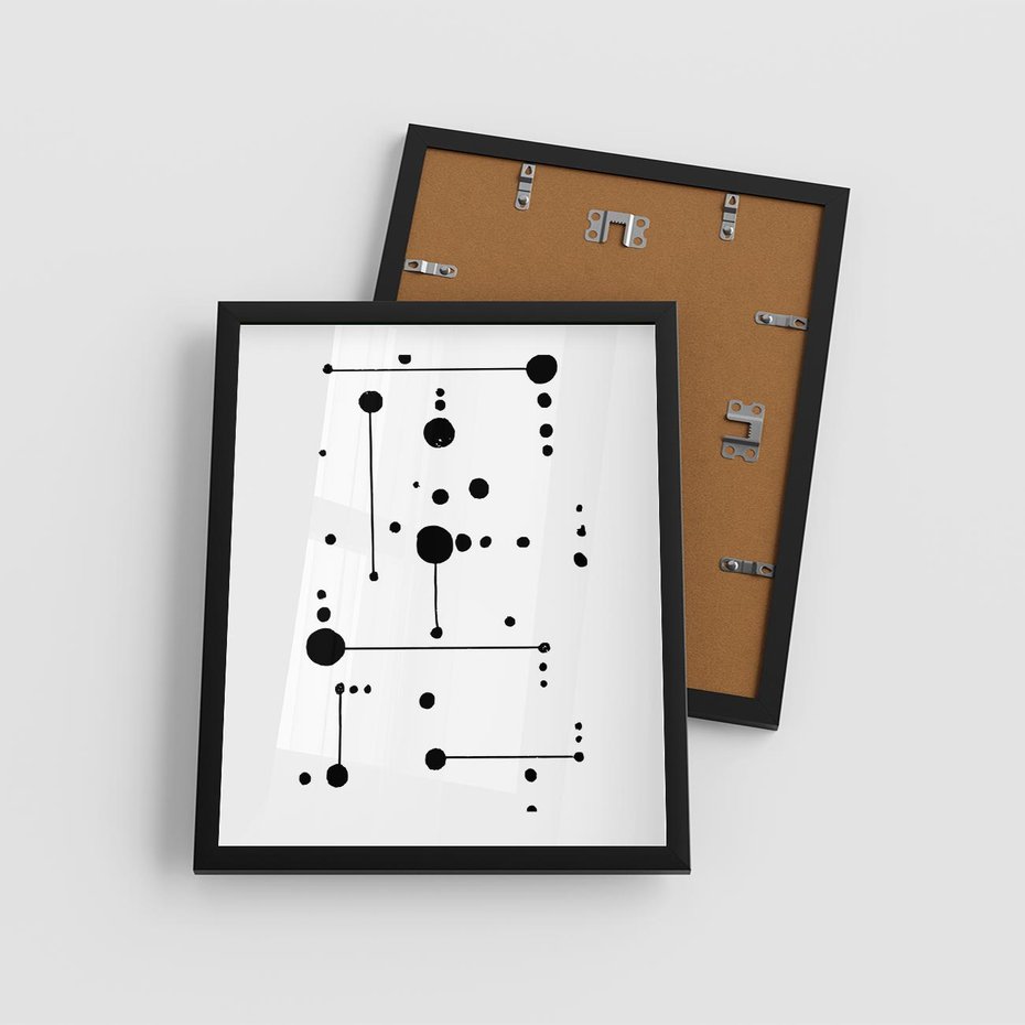 Plakat w ramie 40x50 - Nocne Zawirowania - abstrakcyjny plakat, czarne kropki i kreski - rama czarna