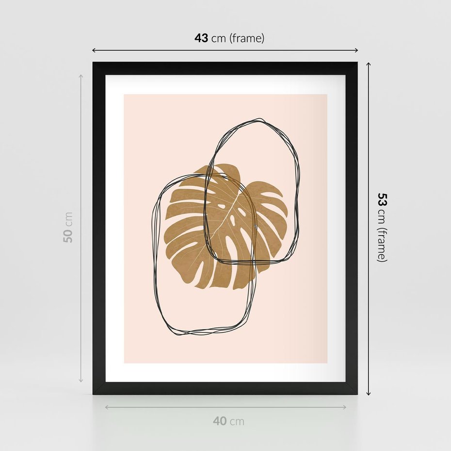 Plakat w ramie 40x50 - Liście w Beżowym Minimalizmie - minimalistyczny obraz, liście monstery - rama czarna