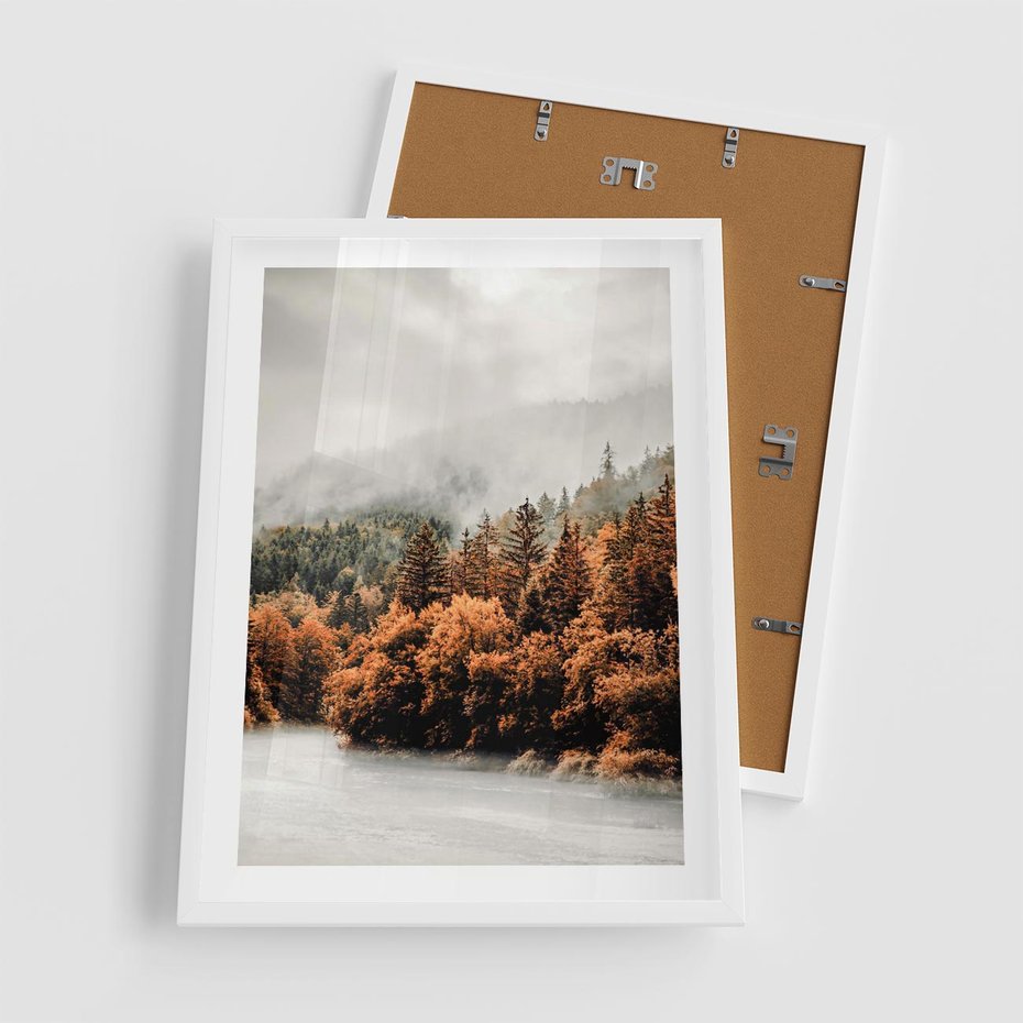 Plakat w ramie 50x70 - Jesienna Mgła - las, góry - rama biała