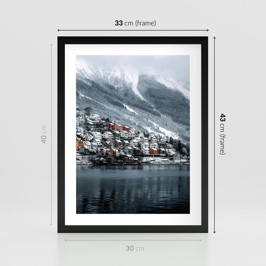 Plakat w ramie 30x40 - Skandynawia na Wzgórzach - domki na wzgórzu, skandynawia - rama czarna