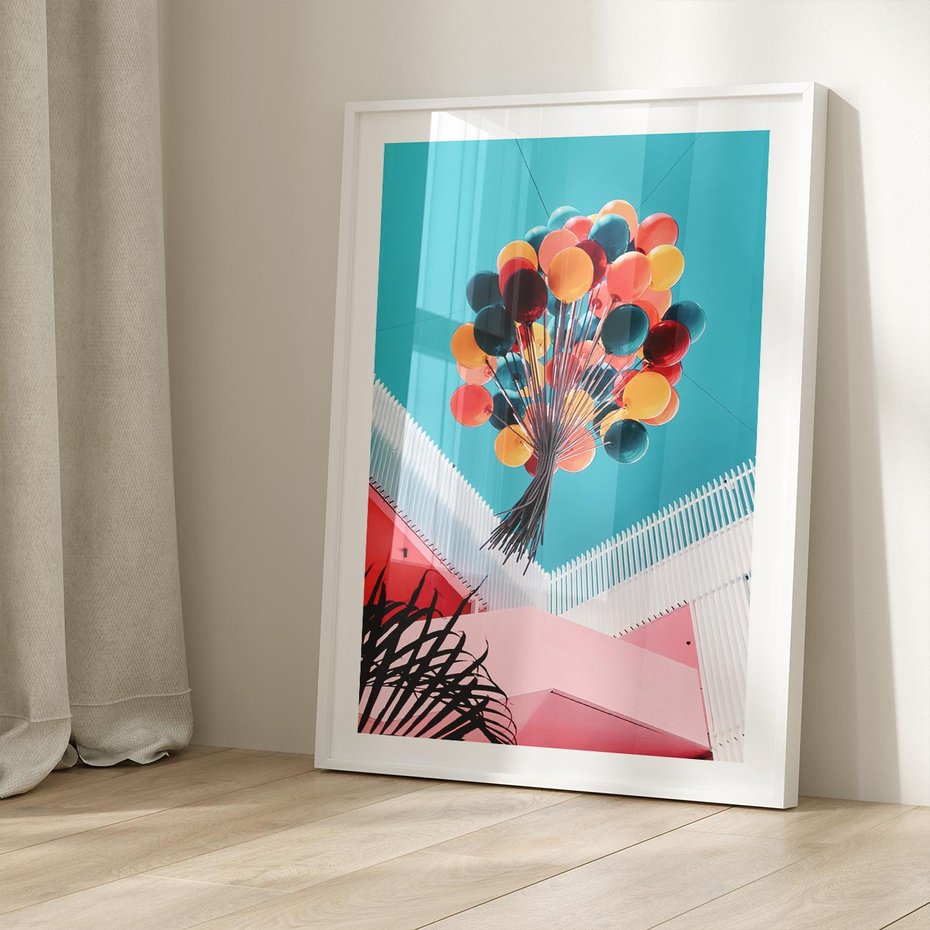 Plakat bez ramy 40x50 - Kolorowe Balony Pod Niebem - kolorowe balony na tle niebieskiego nieba