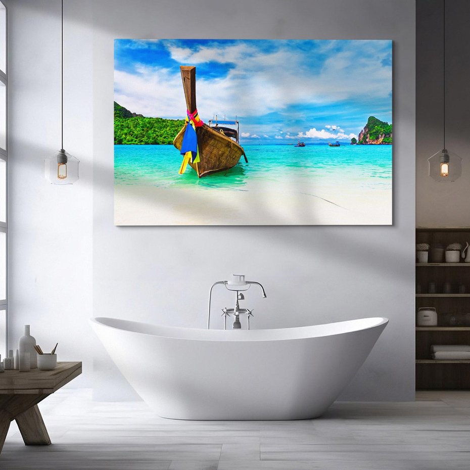 Obraz na płótnie 100x70 - Rajska Plaża Tajlandii: Spotkanie z Naturą - Tajlandia, łódź