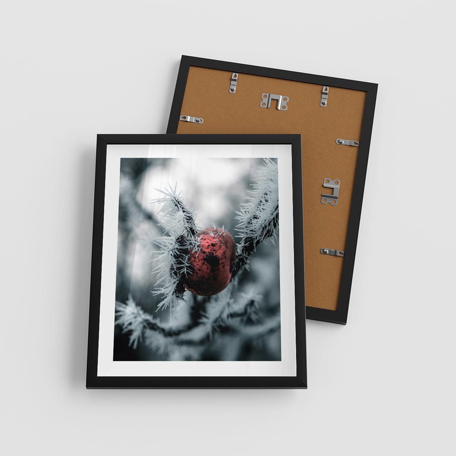 Plakat w ramie 40x50 - Chwila Zimowego Uroku - zima, ośnieżona gałązka - rama czarna