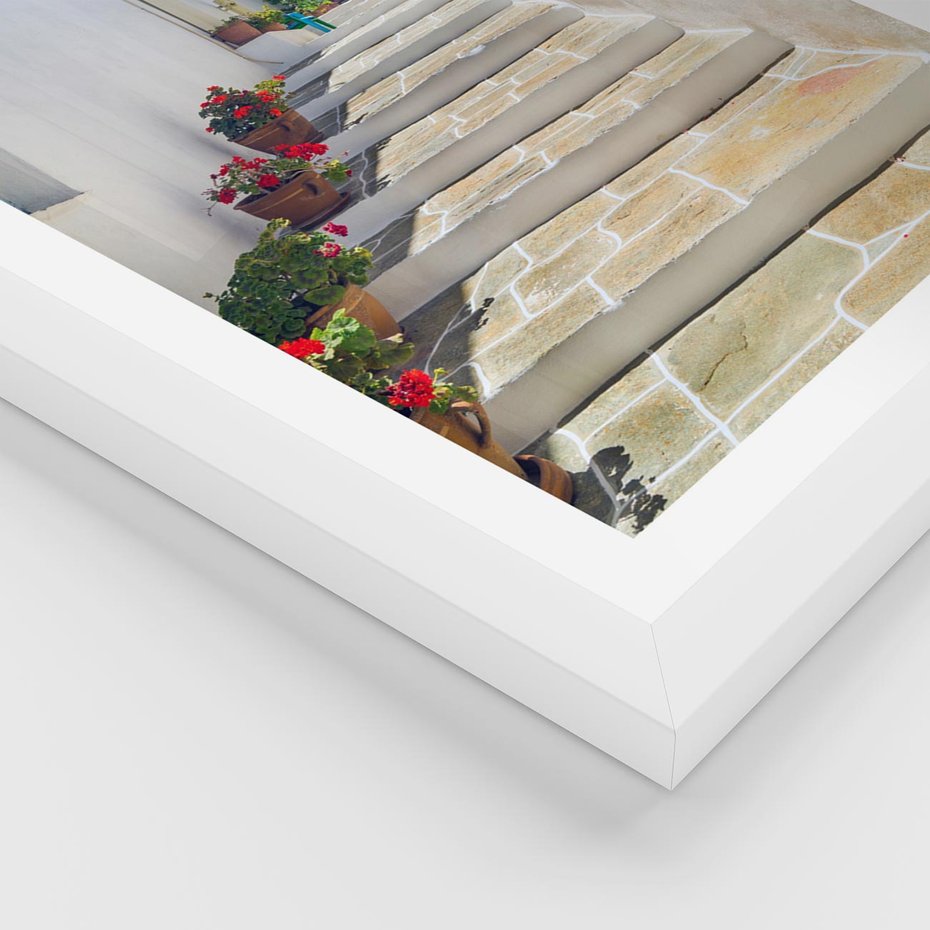 Plakat w ramie 50x70 - Urok Greckiej Uliczki - grecka, uliczka - rama biała