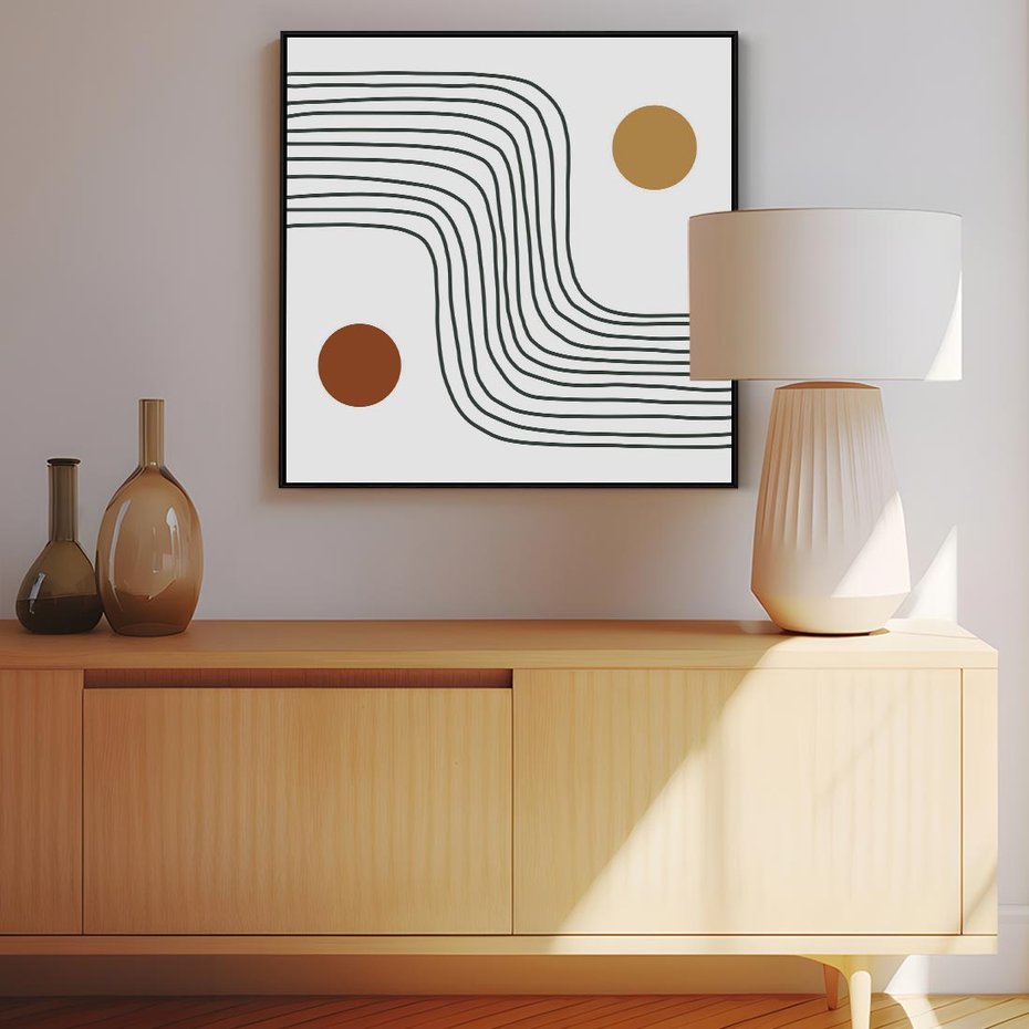 Obraz w ramie 50x50 - Kontury Harmonii - nieregularne linie, koła - rama czarna