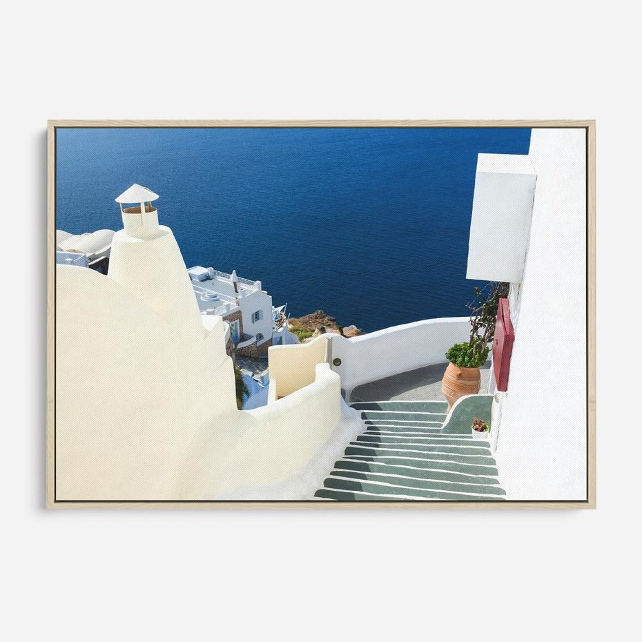 Obraz w ramie 100x70 - Malowniczy urok wyspy - Santorini, schodki - rama drewno