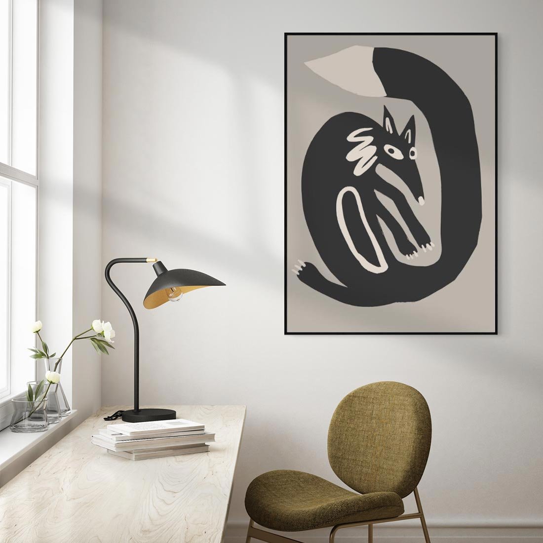 Obraz w ramie 70x100 - Migotliwe Echa Skandynawii - skandynawska sztuka, lis - rama czarna