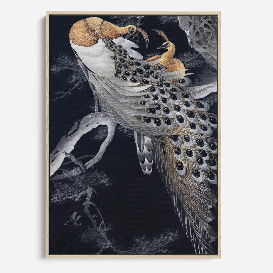 Obraz w ramie 50x70 - Japońskie Pawie - japońska grafika, pawie - rama drewno