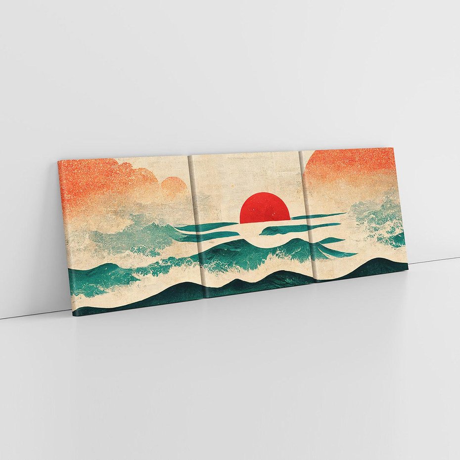 Obraz na płótnie 90x30 - Czerwone Melodie - japońska sztuka, zachód słońca nad oceanem