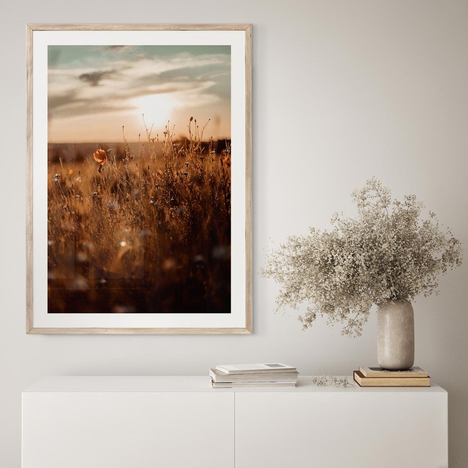 Plakat w ramie 40x50 - Zachwyt zachodem słońca na łące - zachód, słońca - rama drewno