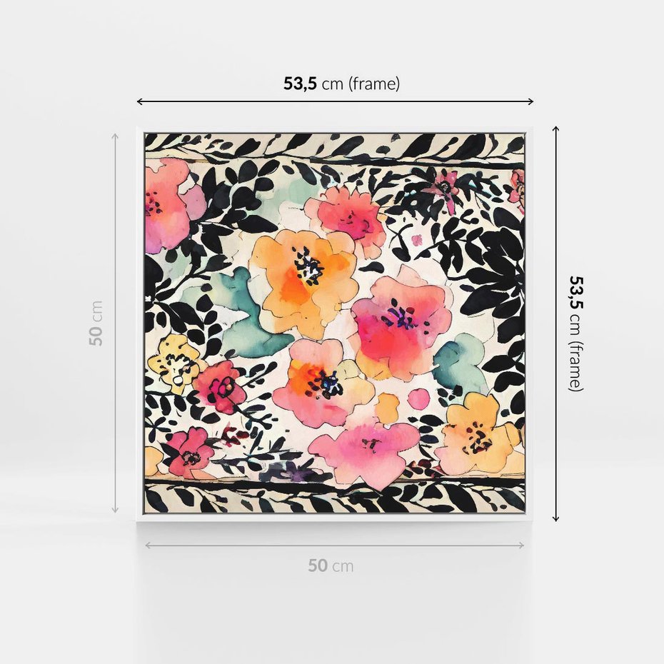 Obraz w ramie 50x50 - Opowieść w kroplach farb - akwarelowe kwiaty, mocna ornamentowa czarna ramka namalowana dookoła obrazu - rama biała