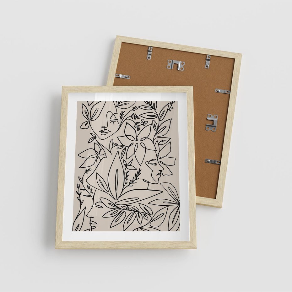 Plakat w ramie 40x50 - Kobiecy Portret Duszy - beżowe tło, czarny szkic nowoczesnych kwiatów - rama drewno