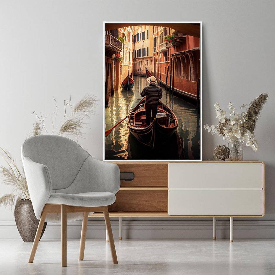 Obraz w ramie 80x120 - Spokojna Wenecja - gondolier w gondoli, kanały Wenecji - rama biała