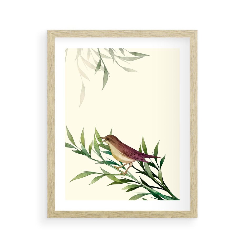 Plakat w ramie 40x50 - Roślinne Nastroje - japońska sztuka, ptak - rama drewno