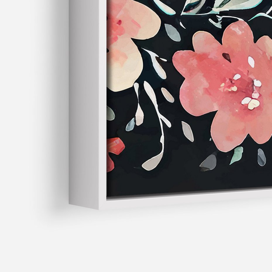 Obraz w ramie 80x120 - Labirynty melancholii - akwarelowe, pastelowe kwiaty na czarnym tle - rama biała