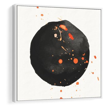 Obraz w ramie 50x50 - Wnętrza Marzeń - abstrakcyjna czarna plama, rozsiane pomarańczowe kropki - rama biała