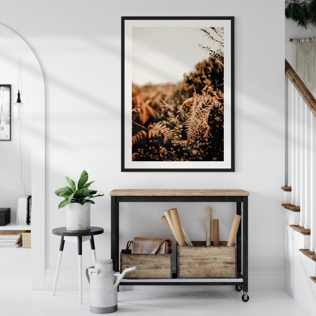 Plakat w ramie 40x50 - Jesienna Harmonia - suche paprocie, jesienny krajobraz - rama czarna