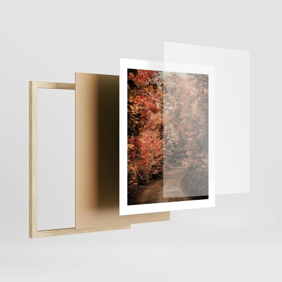 Plakat w ramie 40x50 - Obraz przedstawia jesienne drzewa i czerwone liście na ścieżce w lesie. Ta sceneria doskonale oddaje urok i kolorystykę jesieni w lesie. - las, jesień - rama drewno