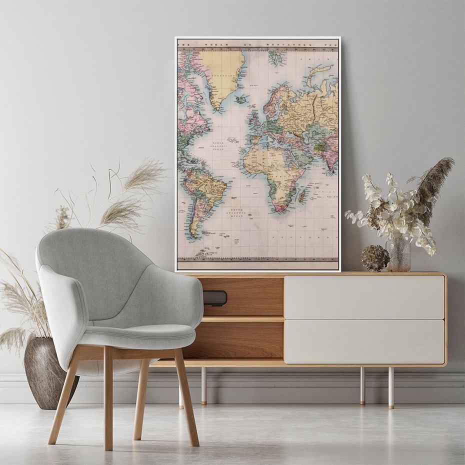 Obraz w ramie 80x120 - Światło Przeszłości - retro mapa świata, mapa - rama biała