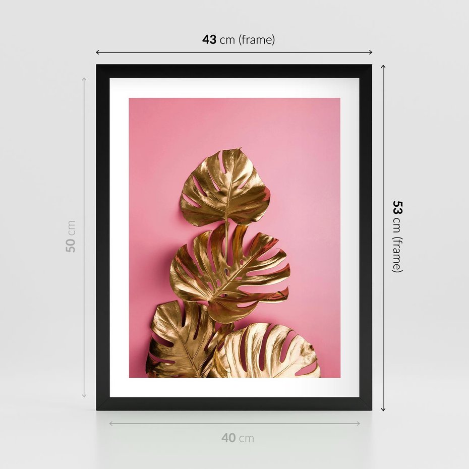 Plakat w ramie 40x50 - Złote Liście Monstery: Delikatność na Różowym Tle - złote liście monstery, różowe tło - rama czarna