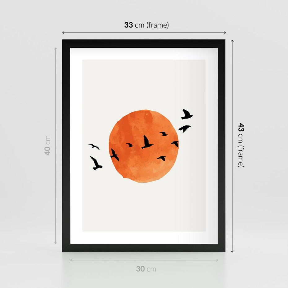 Plakat w ramie 30x40 - Zachód Słońca i Ptaki - grafika akwarela, czarne ptaki na tle zachodu słońca - rama czarna