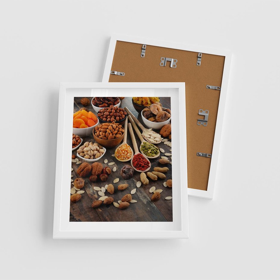 Plakat w ramie 40x50 - Szlachetne smaki kuchni - nasiona, bakalie - rama biała