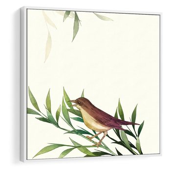 Obraz w ramie 50x50 - Roślinne Nastroje - japońska sztuka, ptak - rama biała