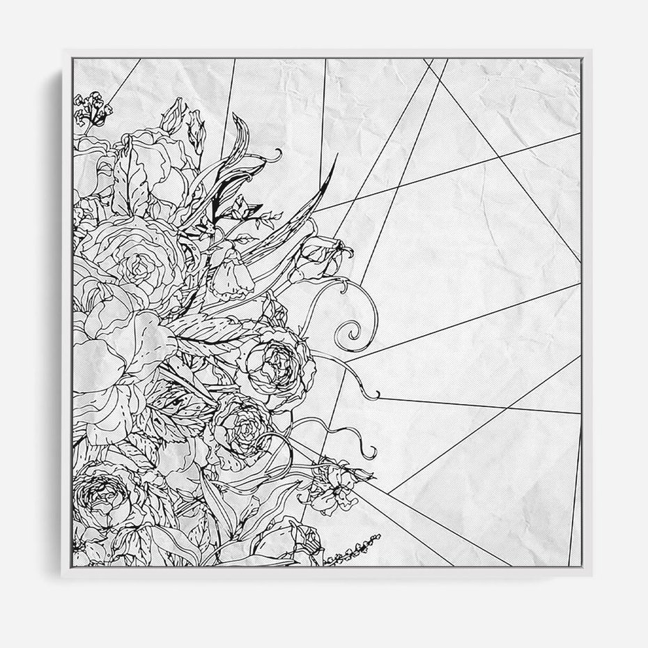 Obraz w ramie 80x80 - Refleksje w martwym punkcie - graficzny szkic, kompozycja kwiatów - rama biała