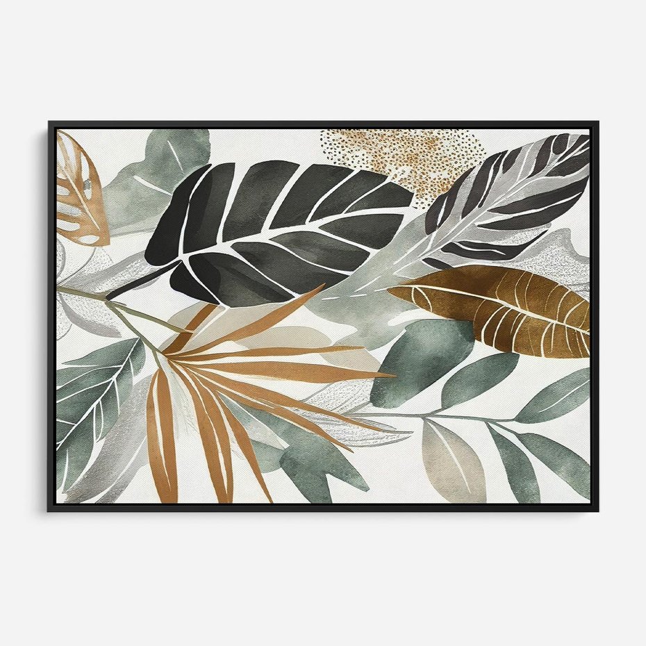 Obraz w ramie 100x70 - Współbrzmienie wewnętrznego ja - kompozycja z tropikalnych liści, stonowane kolory - rama czarna