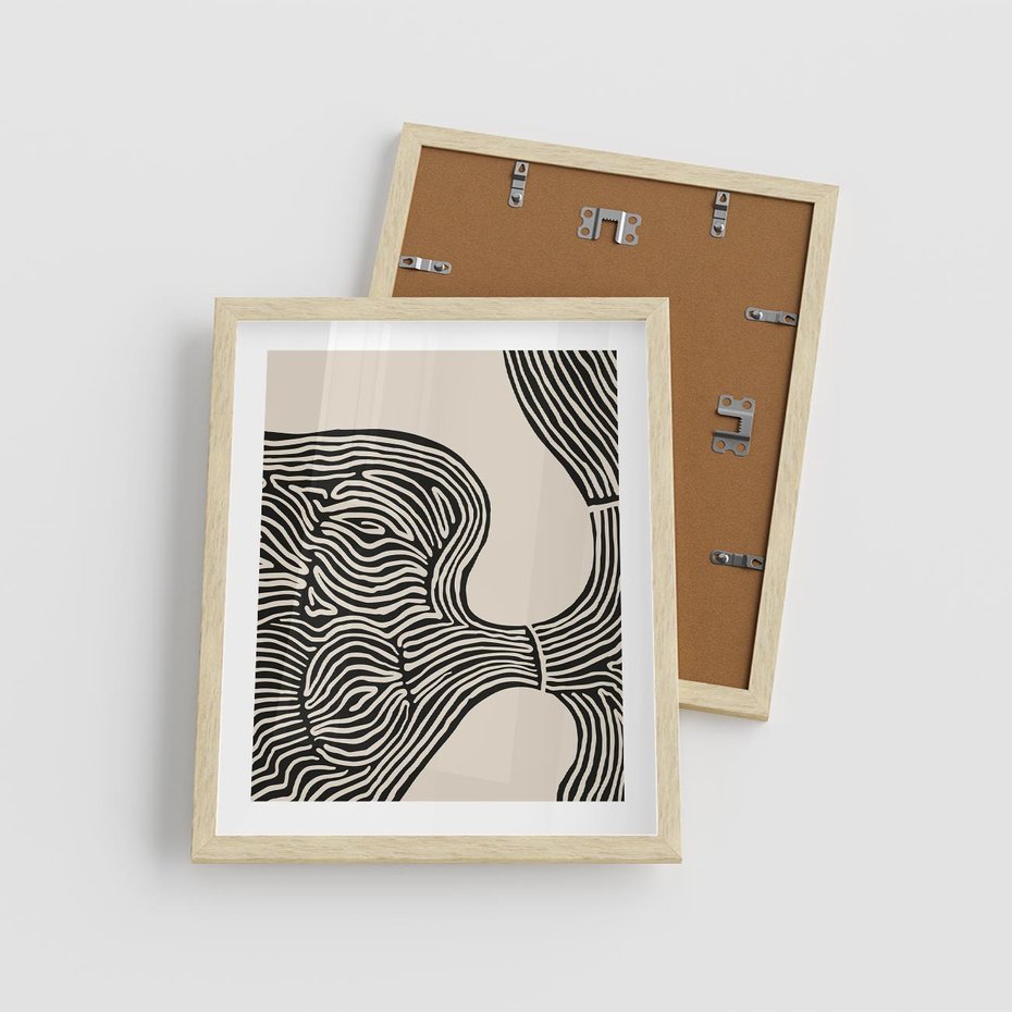 Plakat w ramie 40x50 - Harmonijne Kształty - abstrakcyjne ryciny, czarno biały - rama drewno