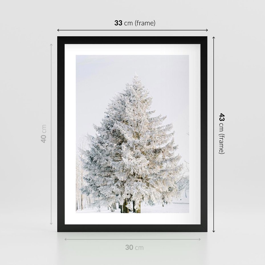 Plakat w ramie 30x40 - Zimowa Poezja w Ośnieżonym Drzewie - ośnieżone drzewo, zima - rama czarna