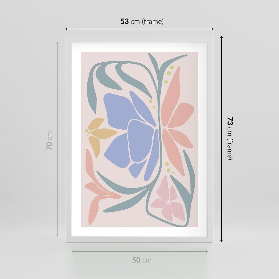 Plakat w ramie 50x70 - Pastele Kwiatowych Plam - pastelowe kwiaty, na beżowym tle - rama biała