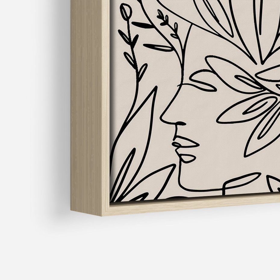 Obraz w ramie 70x100 - Kobiecy Portret Duszy - beżowe tło, czarny szkic nowoczesnych kwiatów - rama drewno