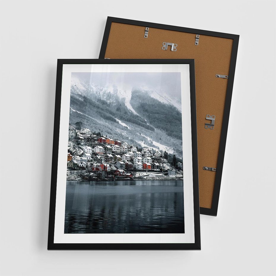 Plakat w ramie 50x70 - Skandynawia na Wzgórzach - domki na wzgórzu, skandynawia - rama czarna