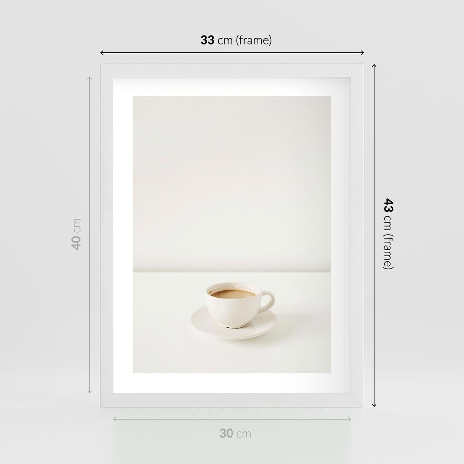 Plakat w ramie 30x40 - Kawa w Prostocie - kawa w filizance, białe tłó - rama biała