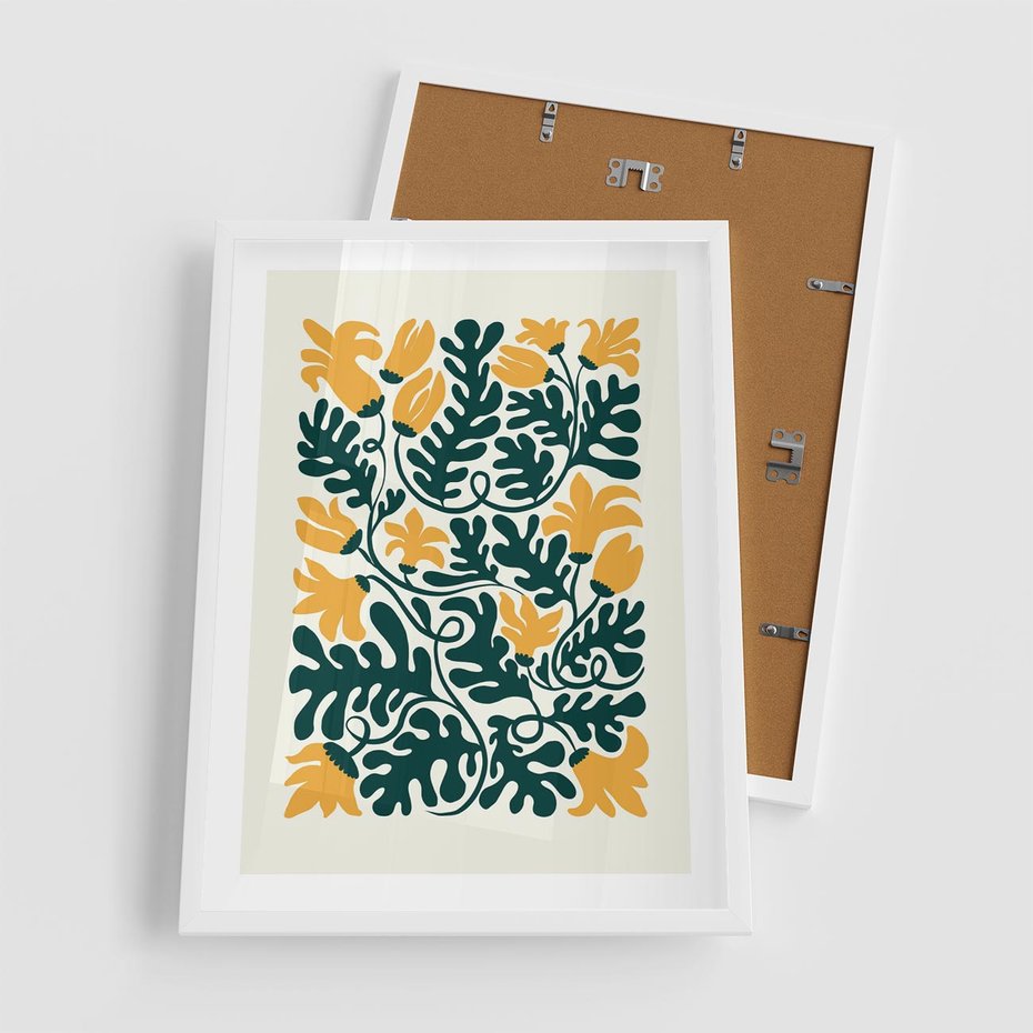 Plakat w ramie 50x70 - Impulsy Kreatywności - abstrakcyjne żółte kwiaty, kompozycja - rama biała