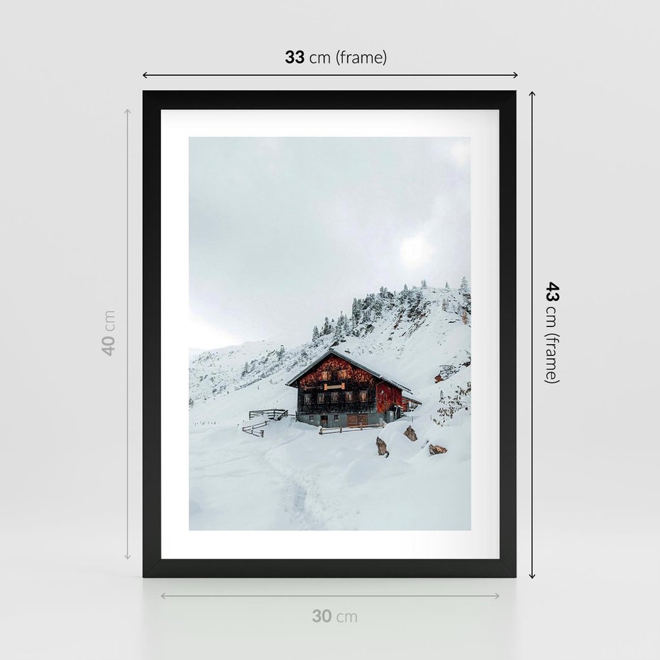 Plakat w ramie 30x40 - Zimowa Magia - domek, śnieg - rama czarna