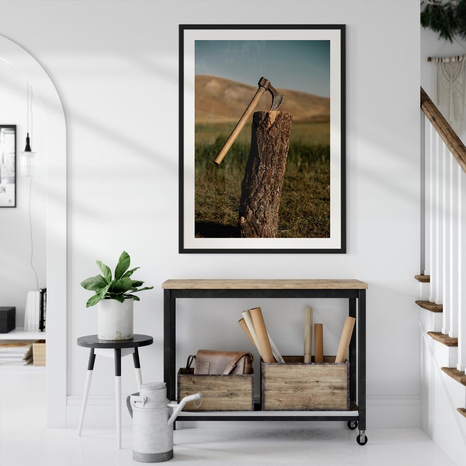 Plakat bez ramy 21x30 - Lasowa siła w drewnie - las, siekiera