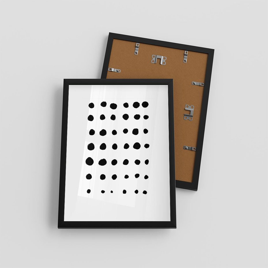 Plakat w ramie 30x40 - Refleksje Światła - minimalistyczna kompozycja, czarne kropkina białym tle - rama czarna