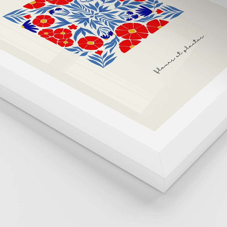 Plakat w ramie 30x40 - Tajemnicza Droga - nowoczesna kwiatowa kompozycja, czerwony i niebieski - rama biała