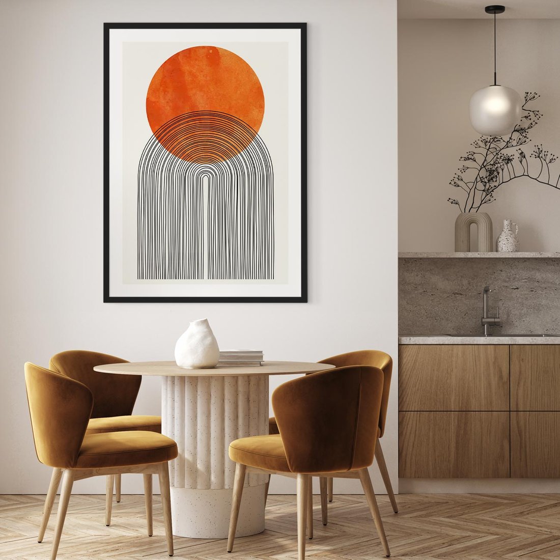 Plakat w ramie 50x70 - Abstrakcyjne Pulsacje - koło, boho styl - rama czarna