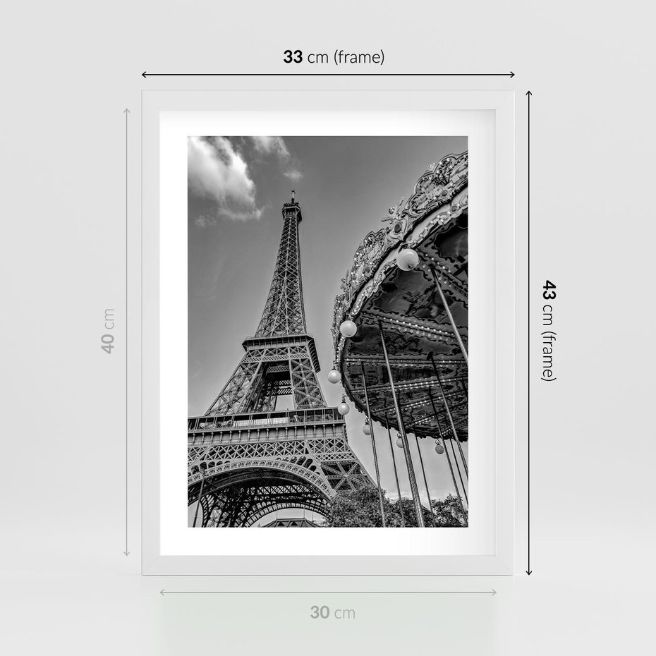 Plakat w ramie 30x40 - Zabawa w Paryżu - czarno białe zdjecie, wieża eiffla - rama biała