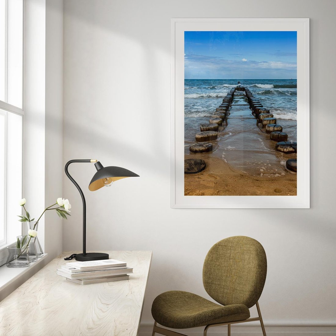 Plakat bez ramy 21x30 - Falochron na brzegu morza - falochron, morze